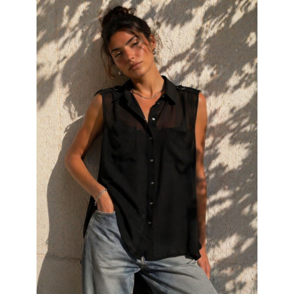 Jennifer Lopez Black Sheer Button Front Blouse XS Cowl Open Back Sleeveless Top